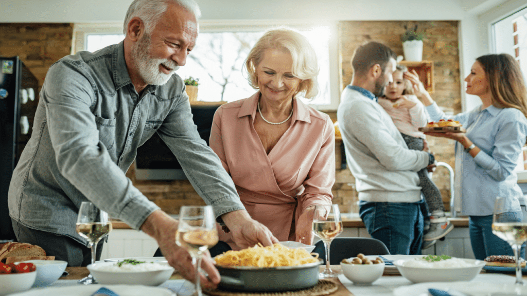 A family preparing a meal together