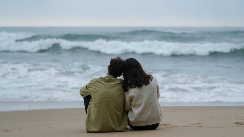 A couple sitting on a beach and touching heads.