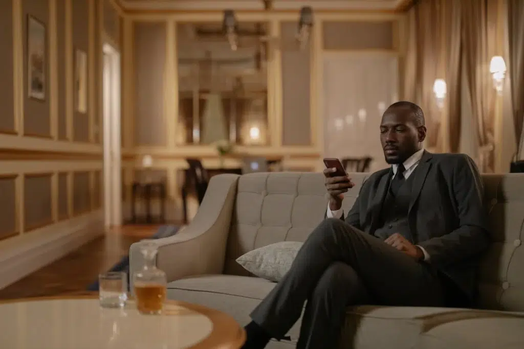 A man in a suit sitting on a sofa