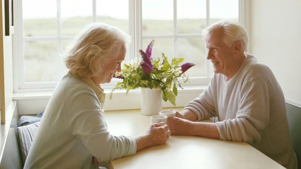 Smiling older couple having coffee at a table by a window with flowers.