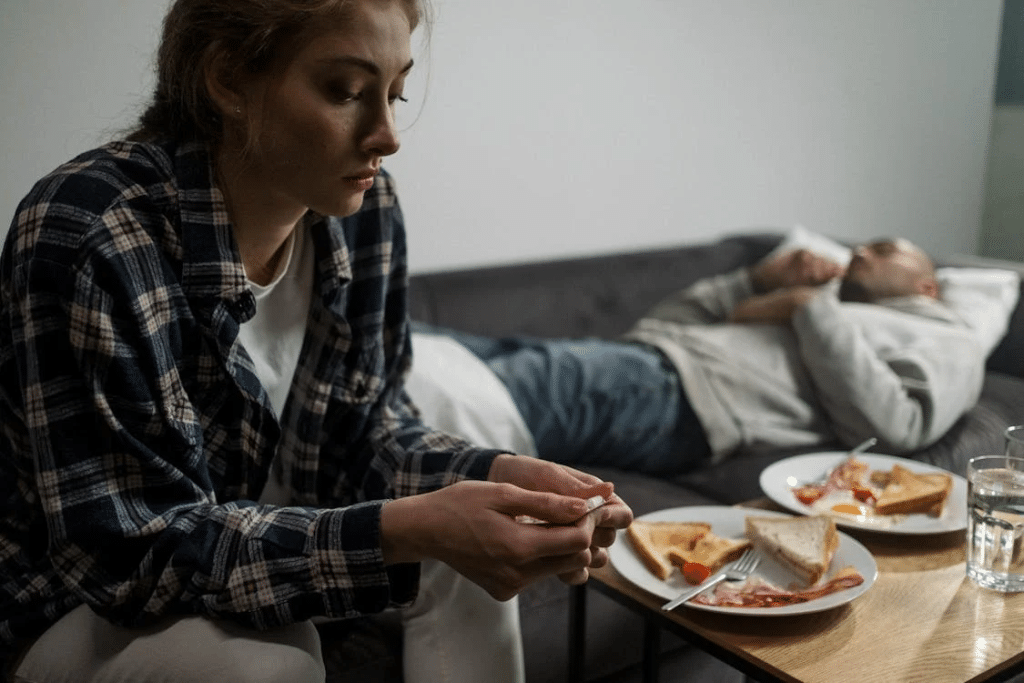 Woman in Blue and White Plaid Dress Shirt Eating