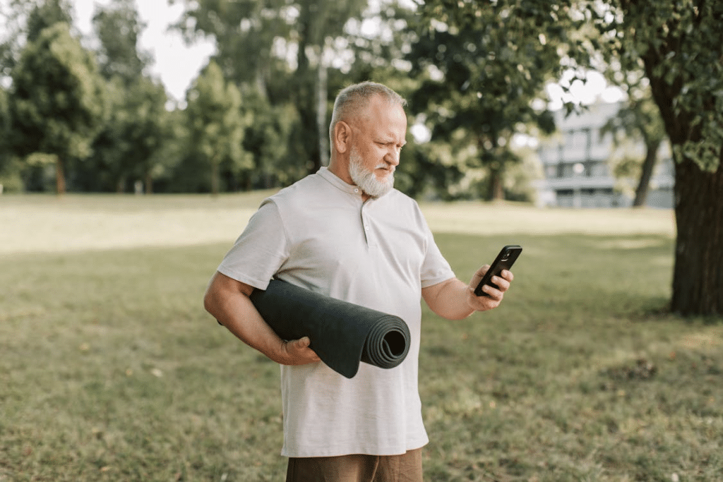 A man holding a yoga mat while using a phone