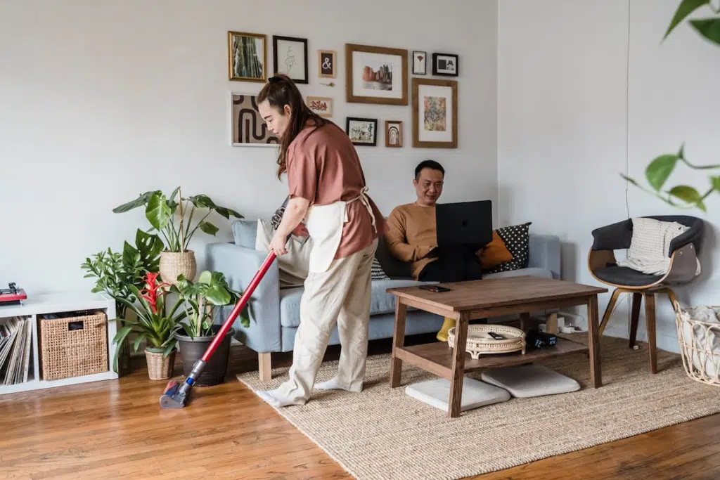 A  woman cleaning the house