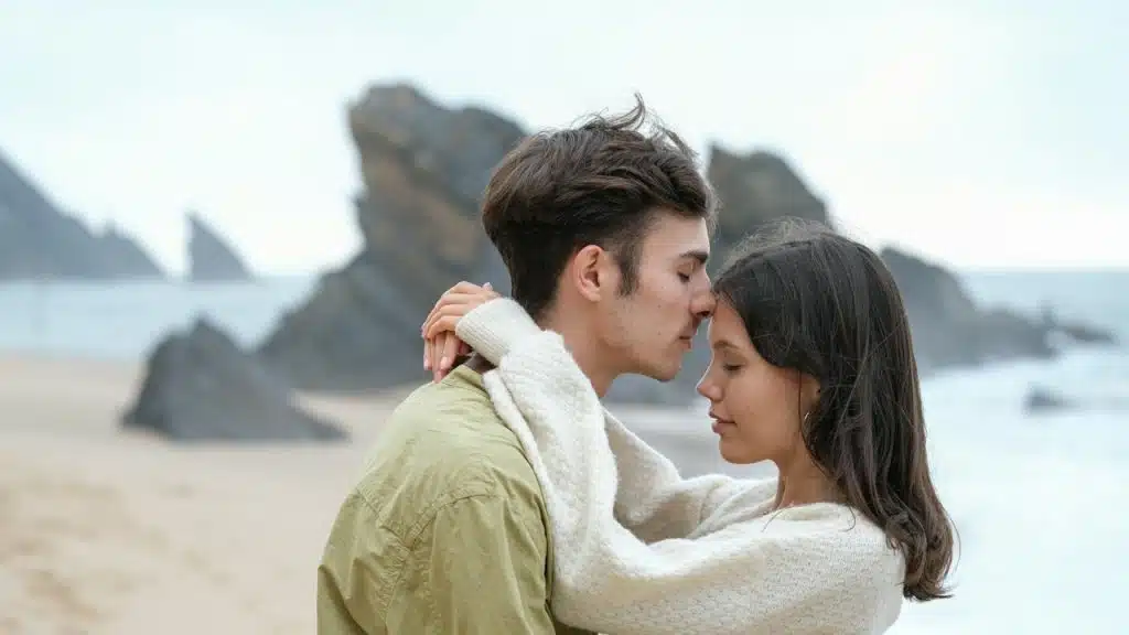 A man and a woman embracing each other near a beach.