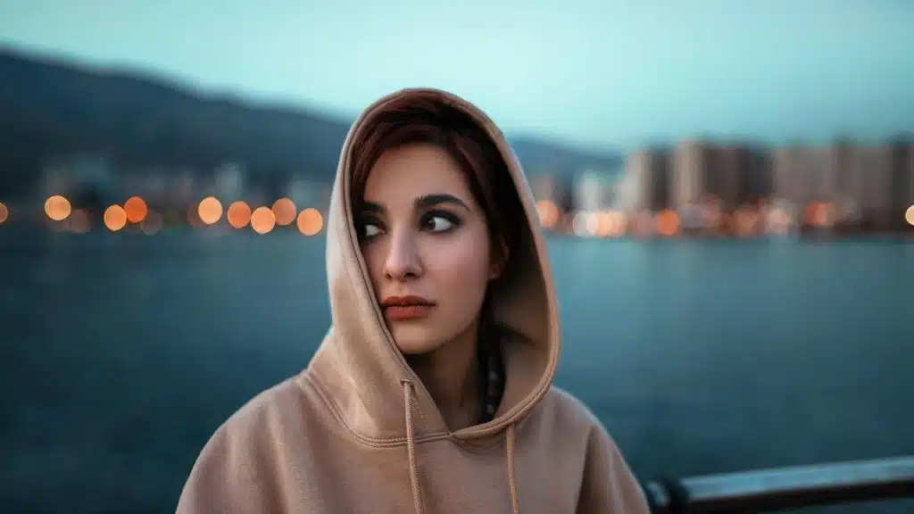A woman in a beige hoodie standing by the water at dusk.