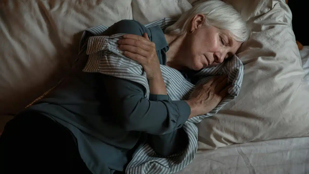 An older woman sleeping while hugging a pillow.