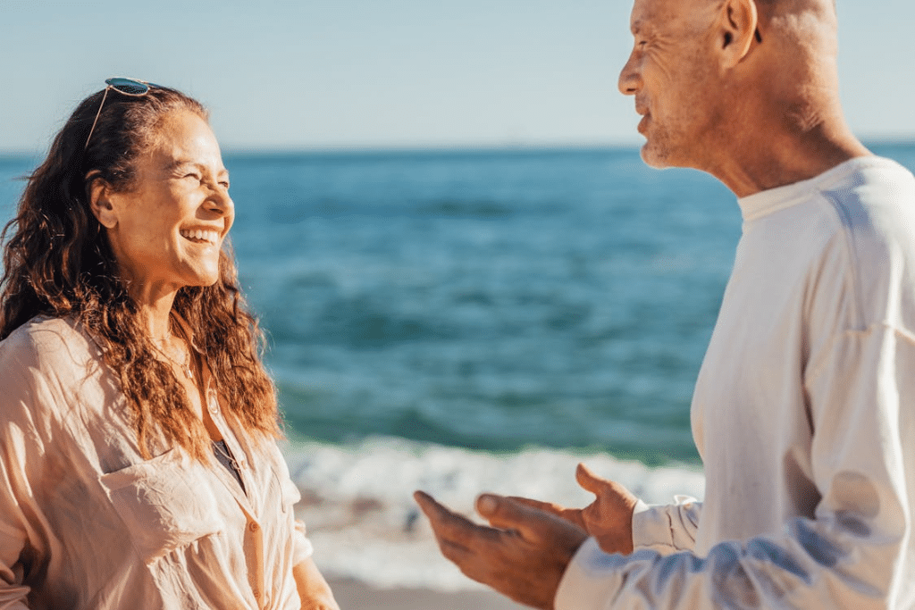 An elderly couple at the beach