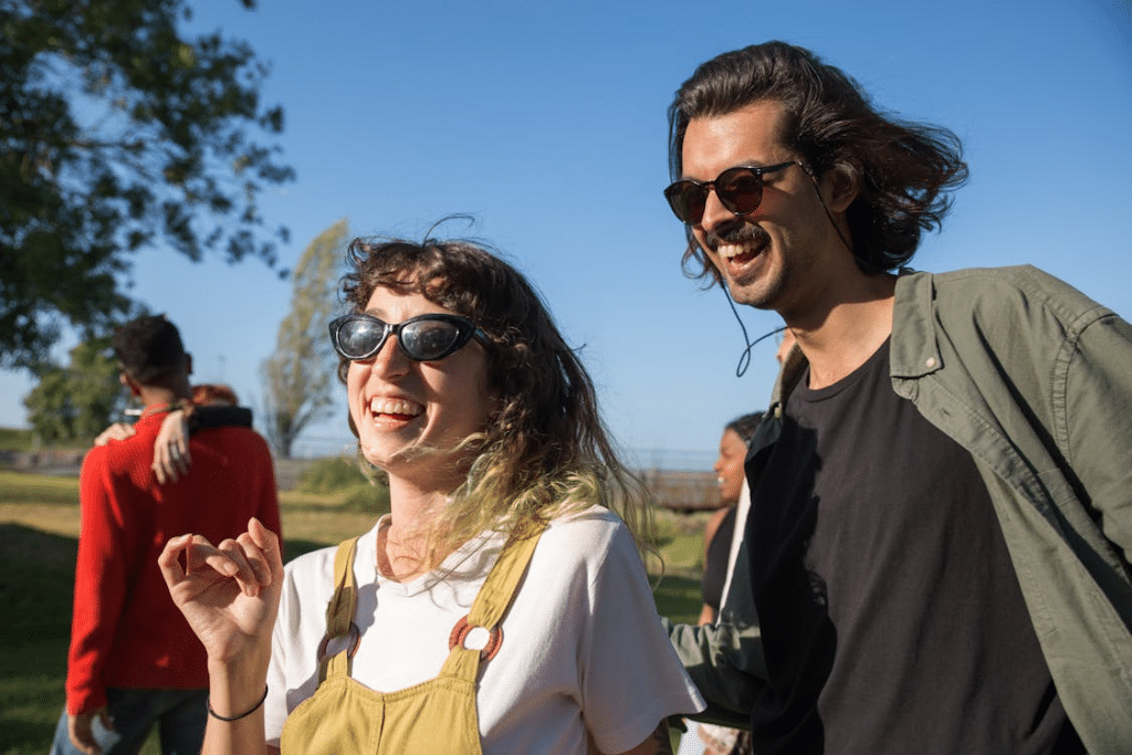 Woman and man laughing together