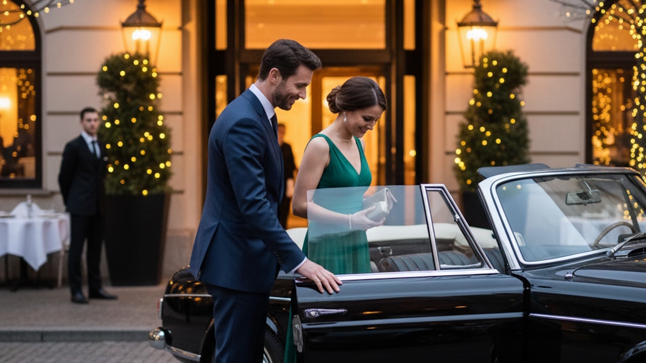 A man in a suit opening a car door for a woman in a green dress.