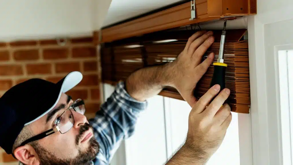 Man in a cap and glasses using a screwdriver to install wooden window blinds.