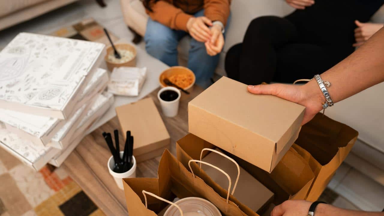 A group of people with takeaway food boxes and pizza on a table.