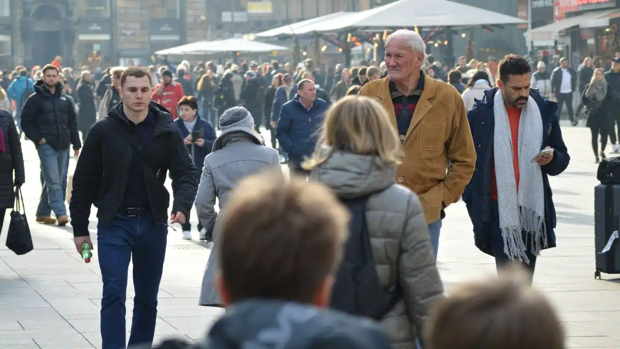 Crowd of people walking in a busy city square on a bright day.