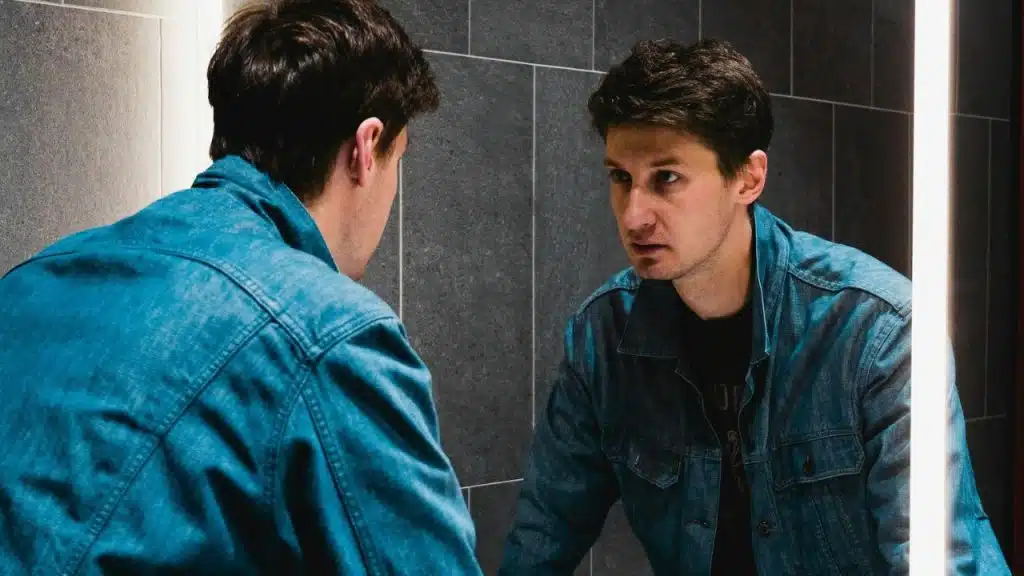 A man in a denim jacket is looking intently at his reflection in a mirror.