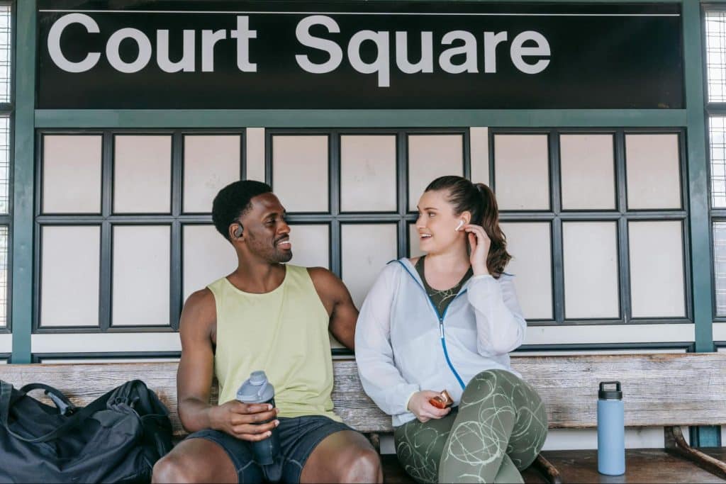 A man and woman looking at each other
