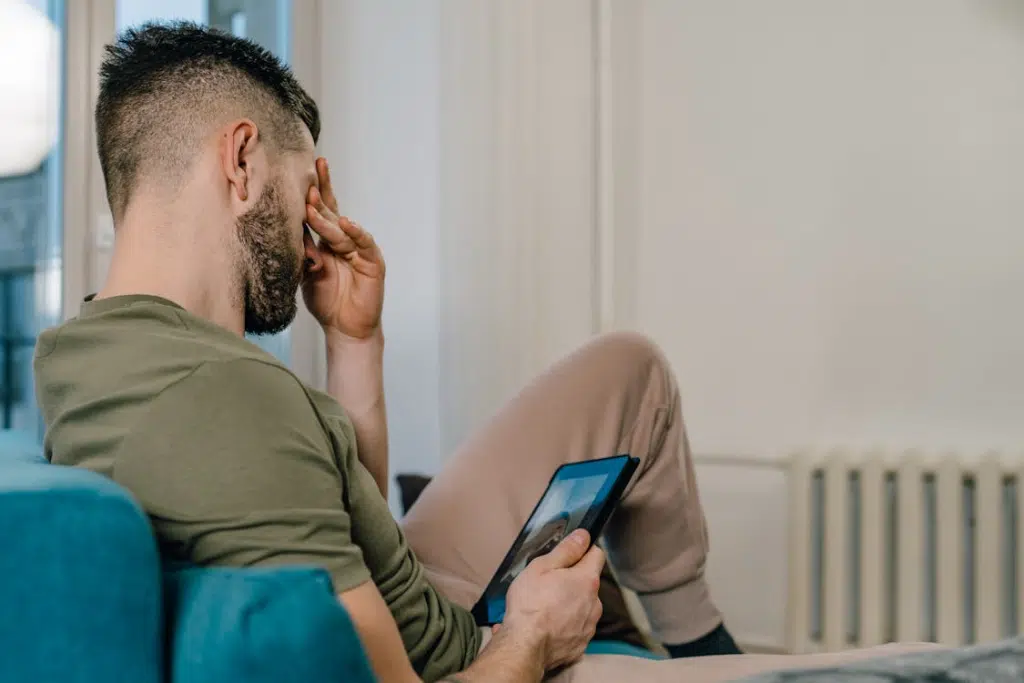 Upset man sitting on a sofa