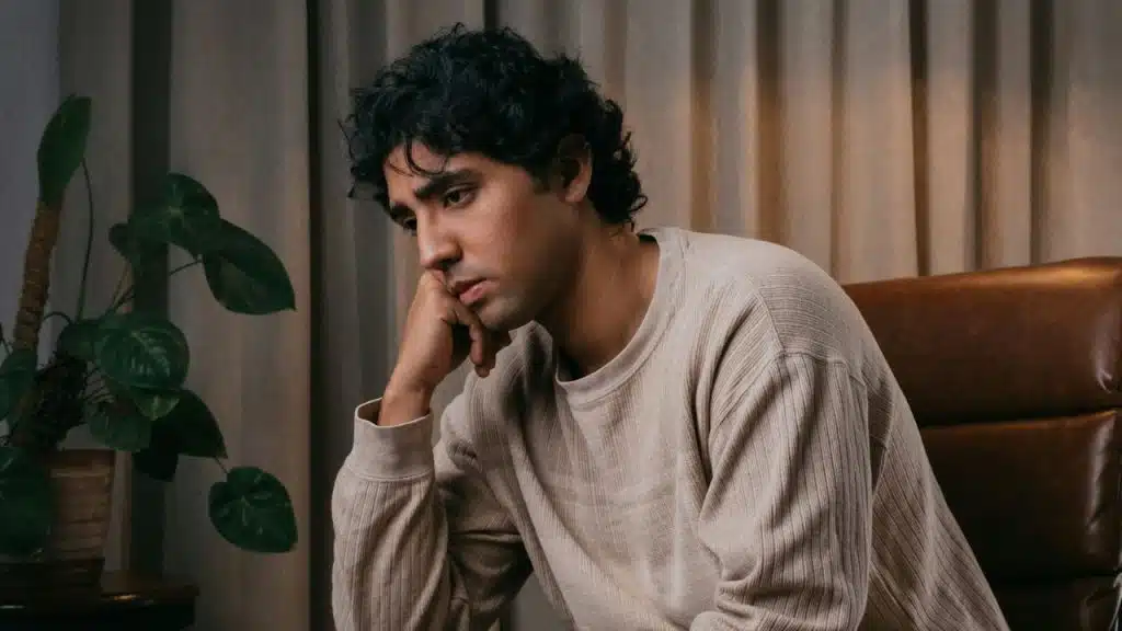 A thoughtful man sits indoors, resting his chin on his hand next to a houseplant.