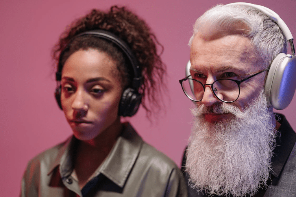 A man and a woman with headsets
