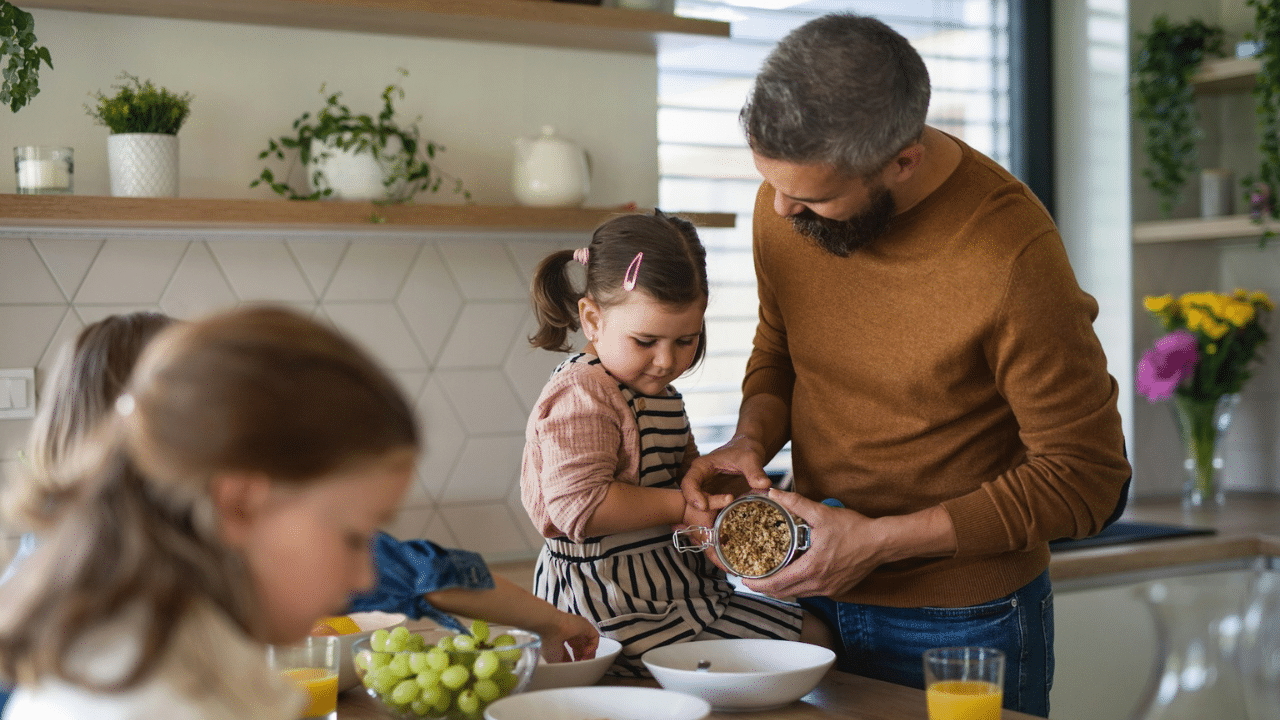 Father helping his young daughter pour granola into a bowl in a bright kitchen.