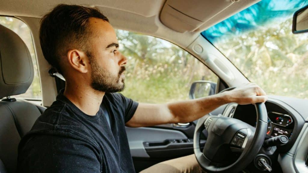 A bearded man is driving a car, looking forward with his hand on the steering wheel and green foliage visible outside the windows.