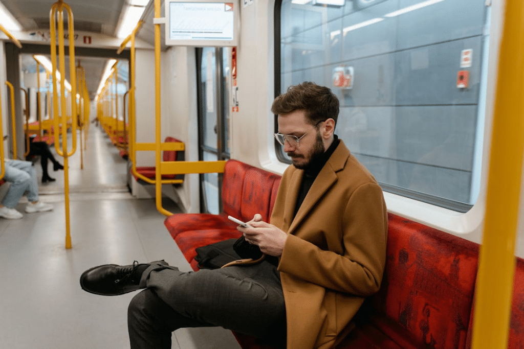 A Man in Brown Jacket Sitting on a Train Seat Holding a Cellphone