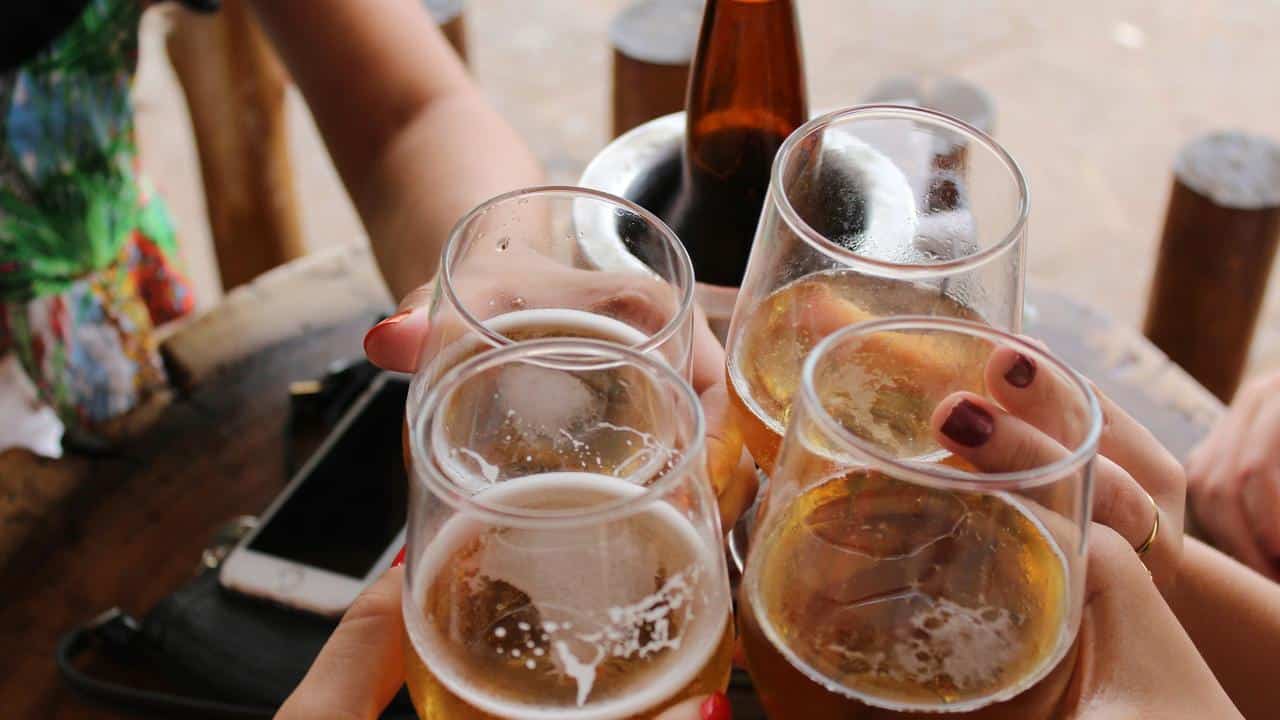 A group of people clinking glasses of beer in a toast.