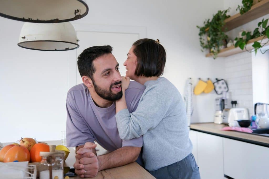 A man talking to a woman