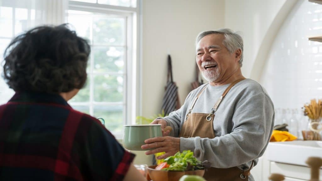 A couple laughing together in the kitchen 