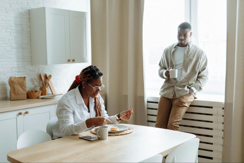 A man looking at the woman