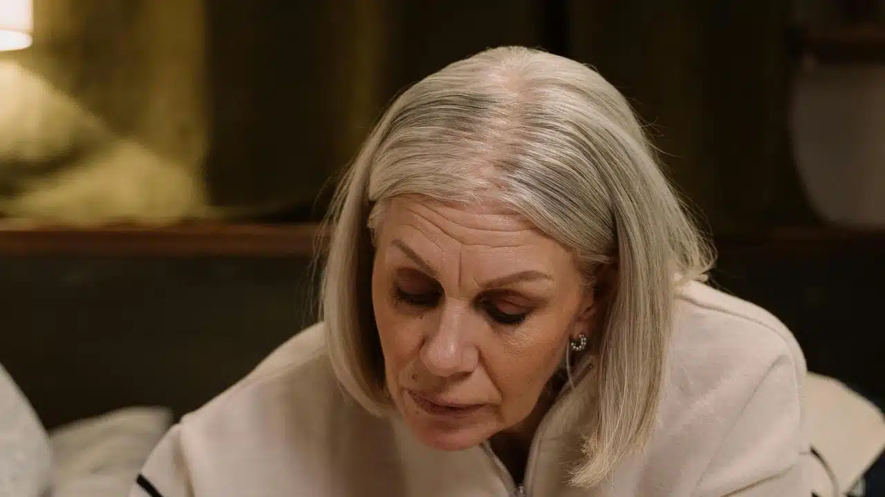 An older woman looking down with a serious expression.
