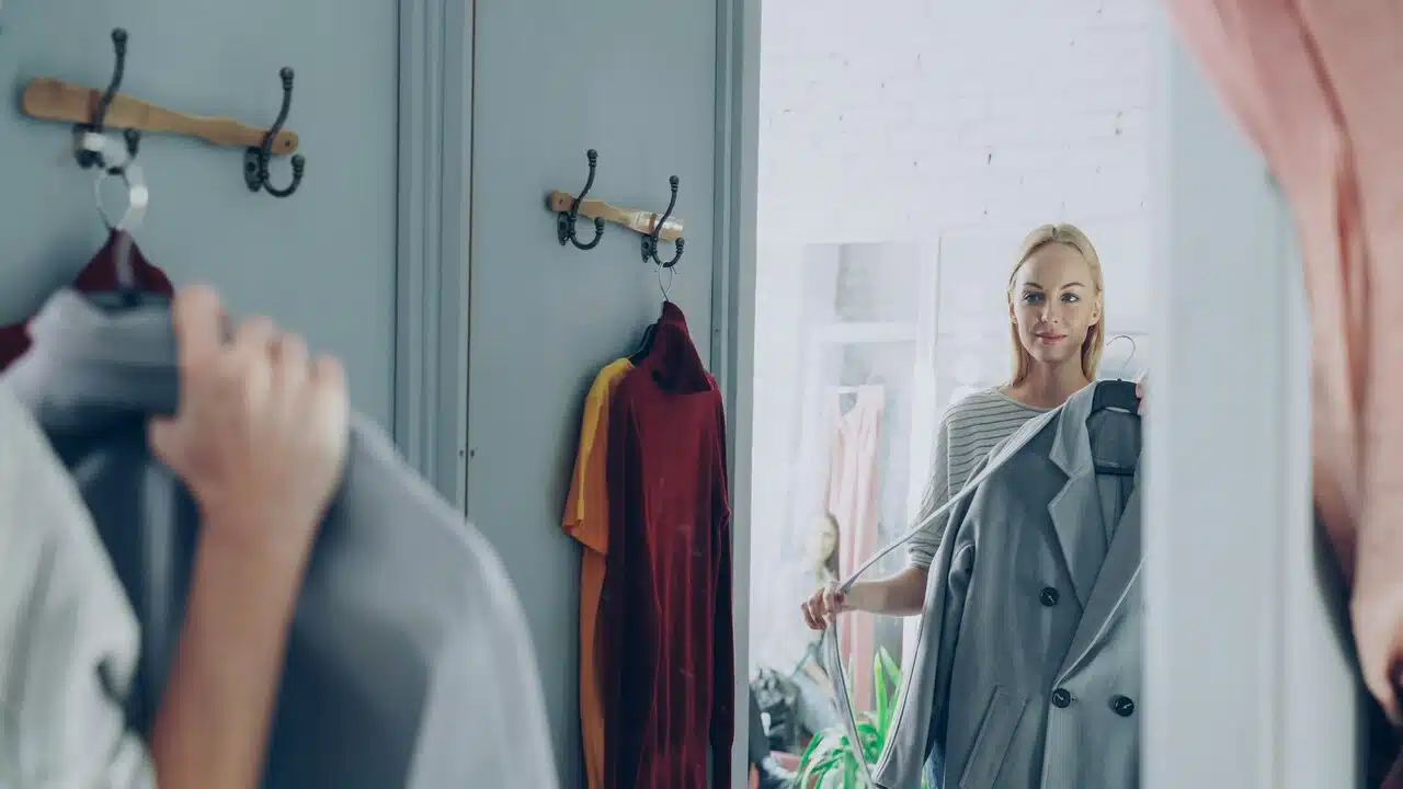 A woman trying on clothes