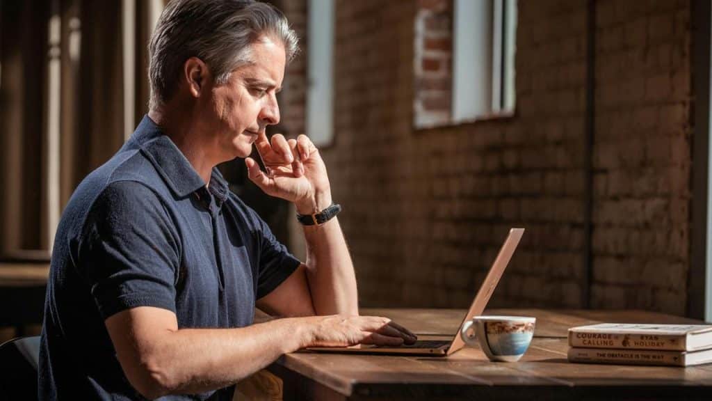 A man sitting at a table, focused on his laptop with a coffee cup beside him.