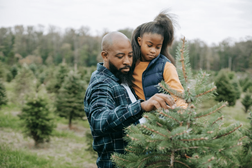 Caring father with black girl picking spruce tree