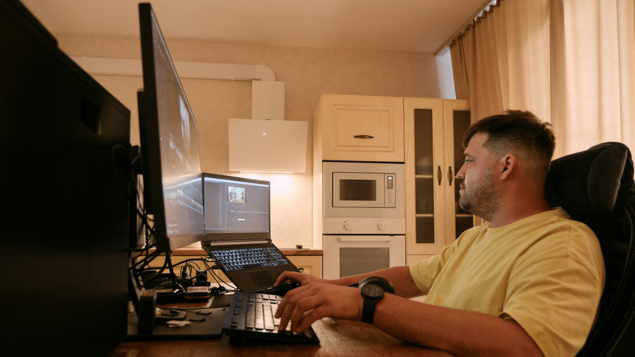 A man is sitting in a chair, working intently at a desktop computer in a home office.