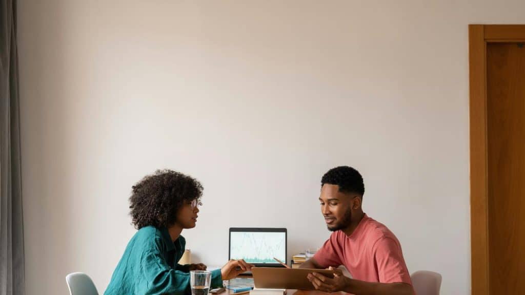 A man and woman working together at a table with a laptop and tablet.