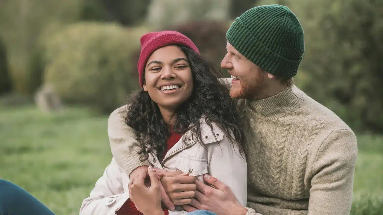 A smiling couple sitting on grass with the man hugging the woman from behind.