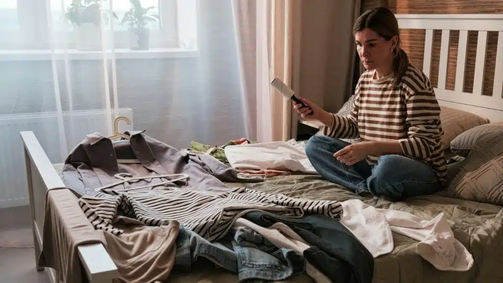 A woman sits on a bed covered in clothes, using a lint roller.