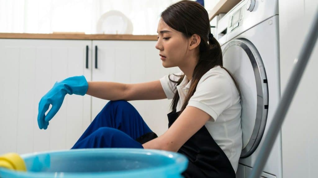 A tired woman with a blue cleaning glove sits on the floor next to a washing machine.