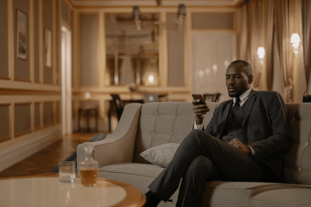 A man in a suit sitting on a sofa
