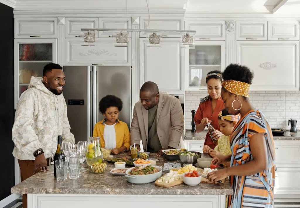 Family preparing foods in the kitchen