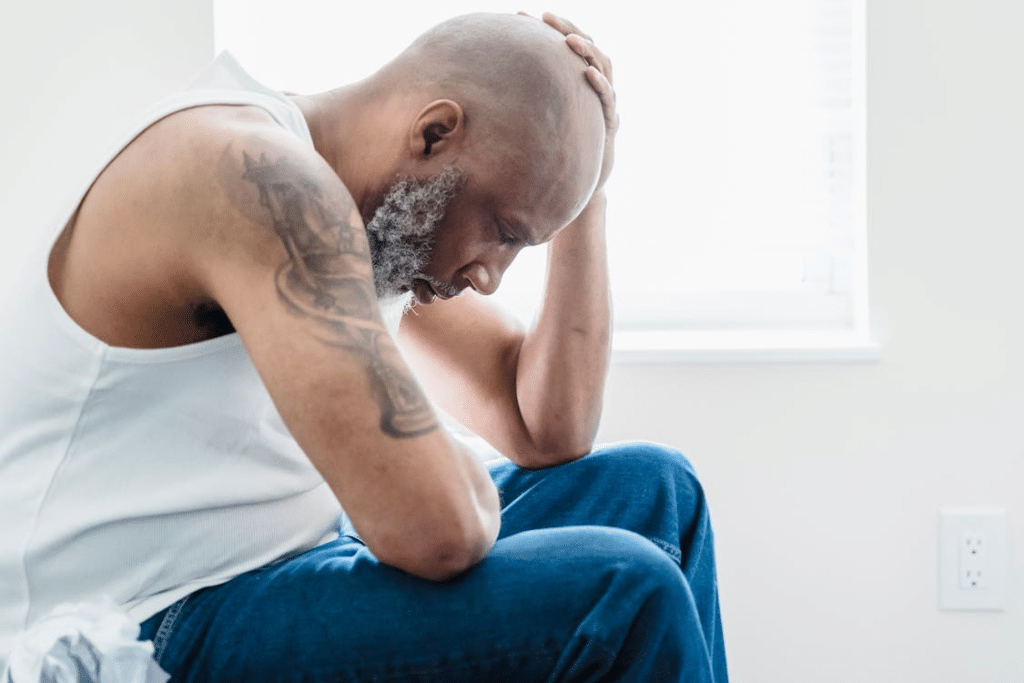 Man in White Tank Top and Blue Denim Jeans Sitting