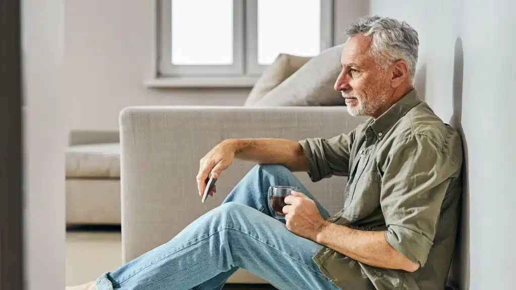 A silver-haired man sits on the floor with a drink, looking away sadly.