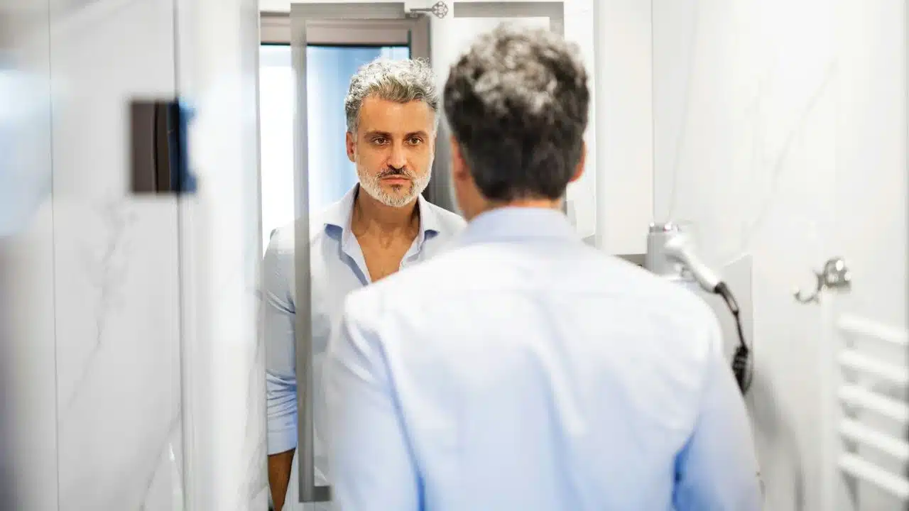Man in a light shirt looking seriously at his reflection in a bathroom mirror.