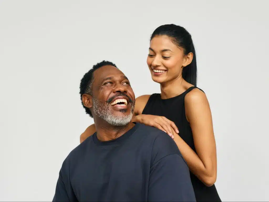 A man and woman looking at each other