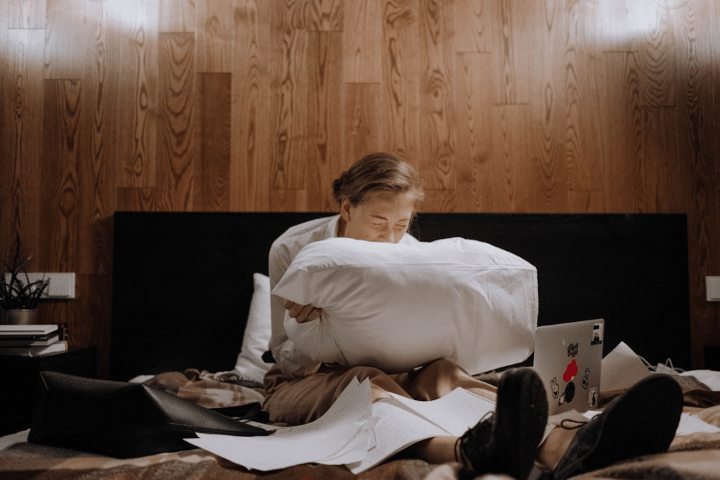 A woman crying in the bedroom