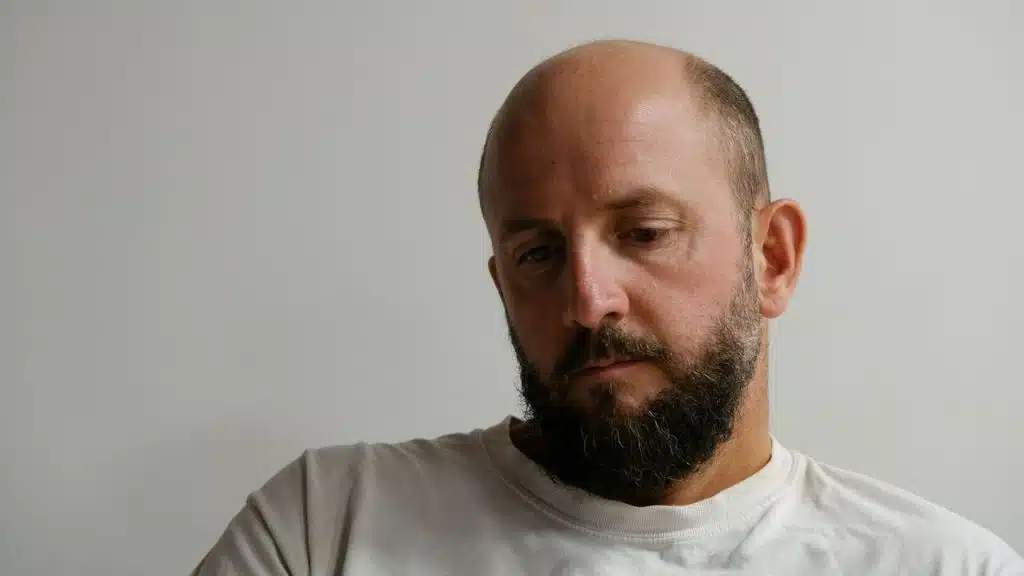 A bald man with a beard and white shirt looks down.