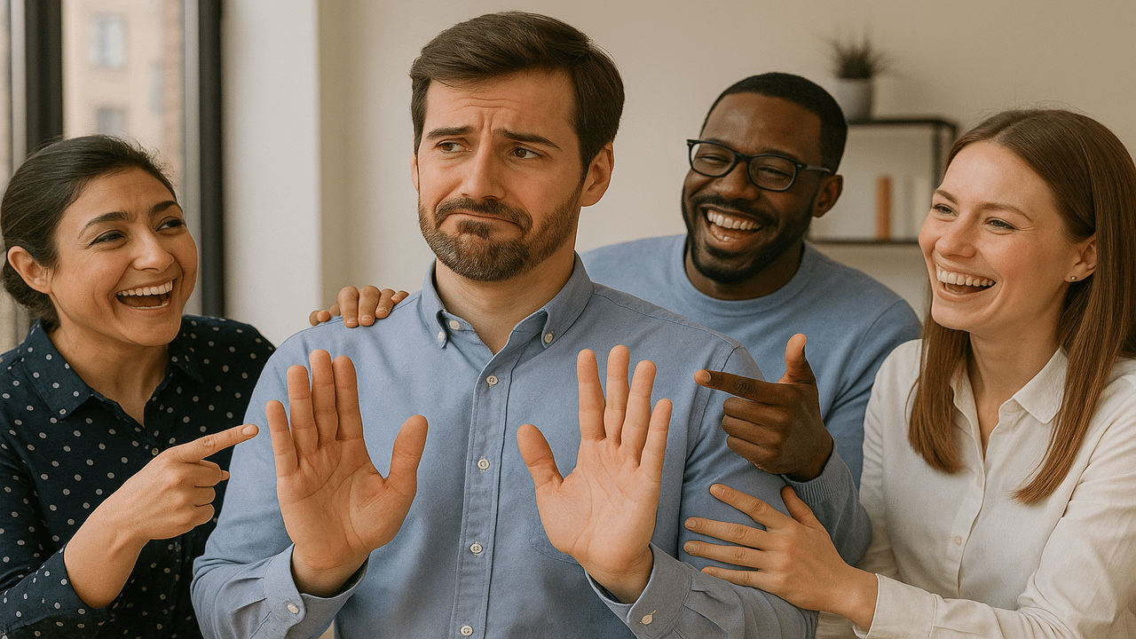 A man refusing a compliment from his colleagues