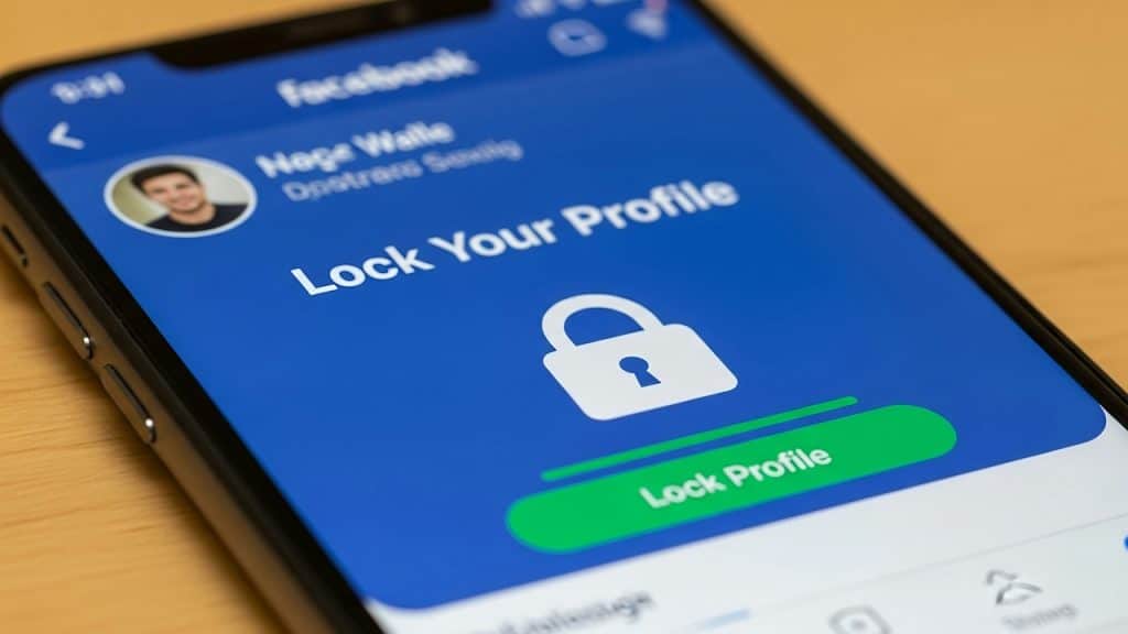 A close-up of a smartphone screen showing a Facebook profile lock setting with a large lock icon and the button "Lock Profile" on a blue background.