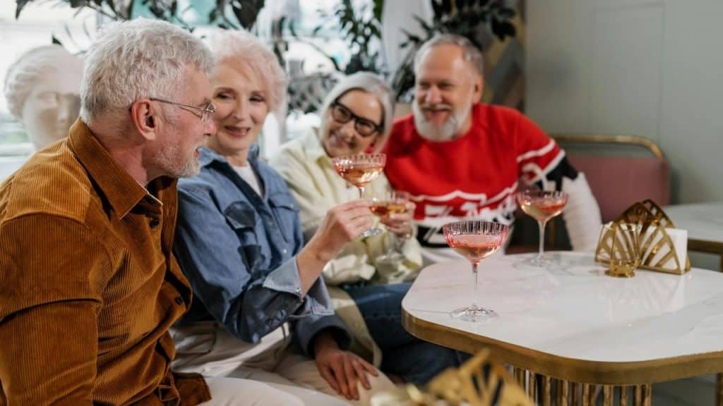 An elderly group of friends sitting at a café table, smiling and toasting with drinks.