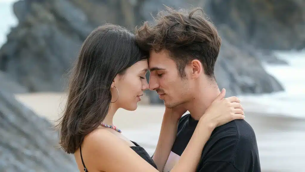 A man and a woman embracing each other on a beach.