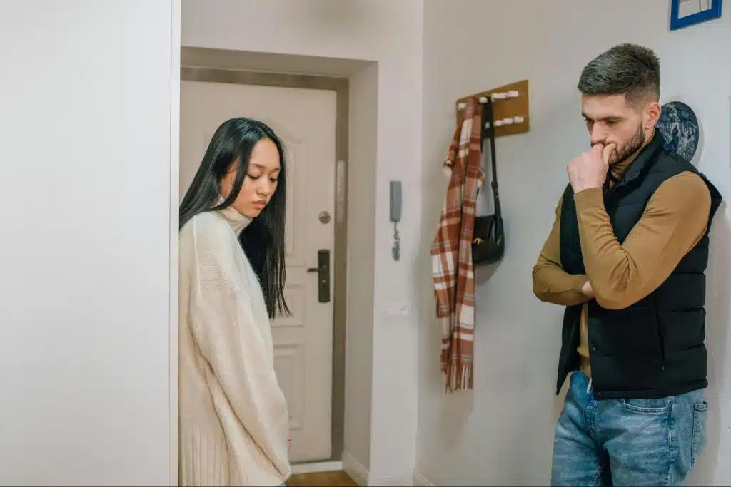 A woman avoiding eye contact